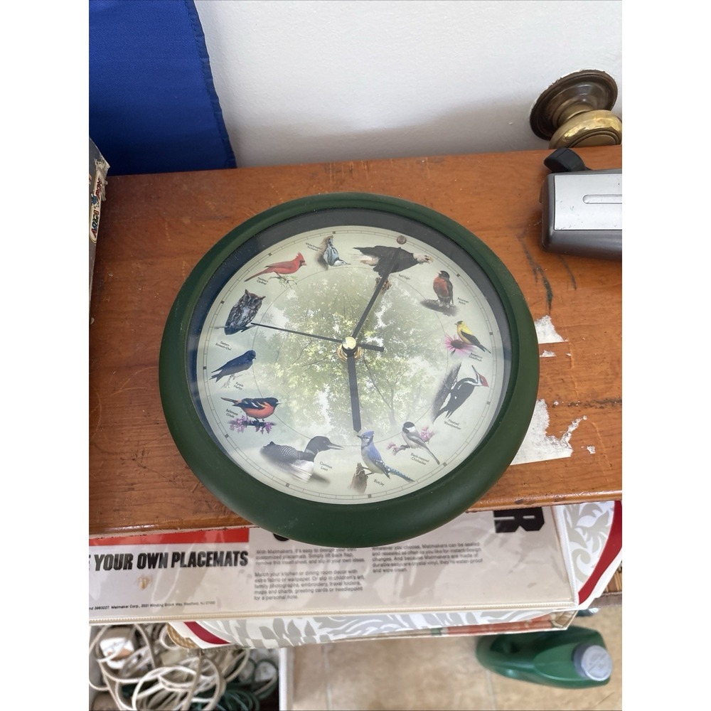 Bird Species Wall Clock w/ Birdsong Chimes Quartz Green Frame Cardinal Blue Jay